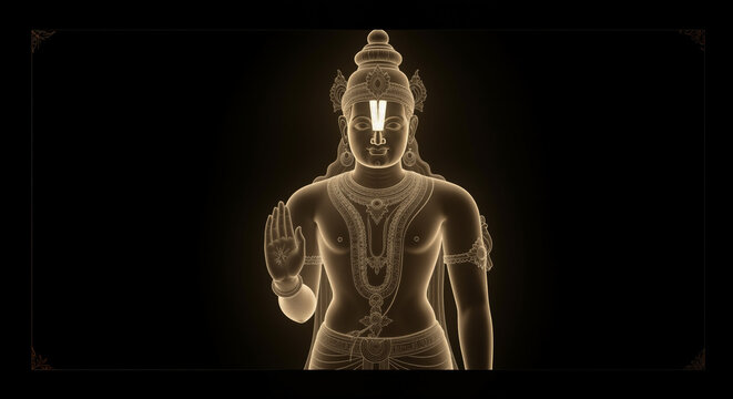 Hindu deity Vishnu golden glowing illustration blessing gesture on dark background