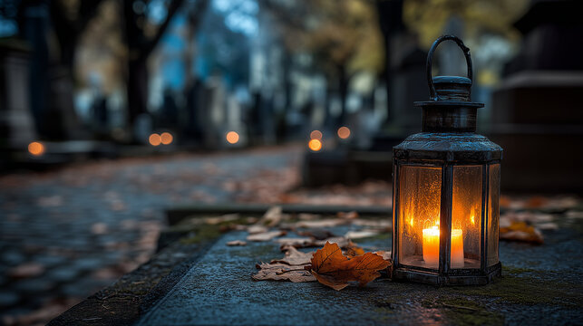 Atmospheric candle lantern glowing on a rustic outdoor surface surrounded by autumn leaves, creating a warm seasonal mood for fall decor, relaxation, remembrance and cozy evening settings.