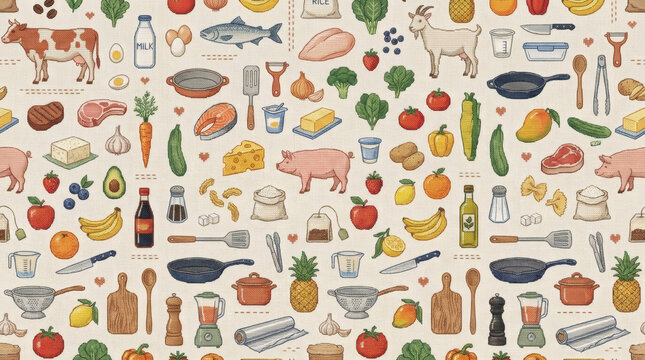Seamless pattern with food icons, cooking ingredients, kitchen utensils, farm animals and fresh produce illustrations on light background