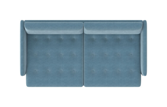 Modern blue velvet sofa with tufted cushions and rolled arms, isolated on white