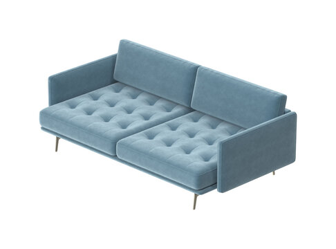Modern blue velvet sofa with tufted cushions and sleek metal legs