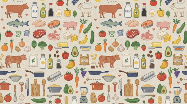 Seamless pattern with food icons, cooking ingredients, kitchen utensils, farm animals and fresh produce illustrations on light background