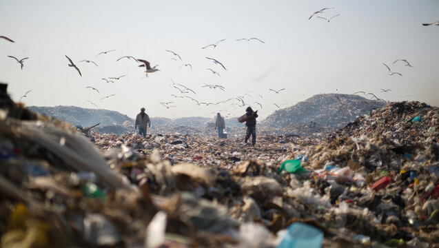 People search through a large landfill while birds circle overhead and debris spreads across the landscape. The scene shows waste, environmental impact, and human activity in a dump.