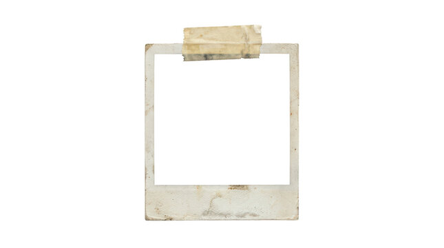 Vintage weathered photo frame, aged instant film border with torn adhesive tape, retro picture holder for scrapbooking albums isolated on transparent background