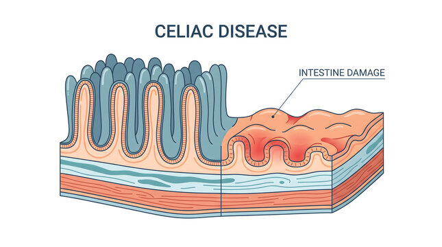 Medical illustration of celiac disease with healthy and damaged intestine villi