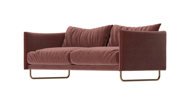 Modern plush rose gold sofa with sleek metal legs isolated on white background