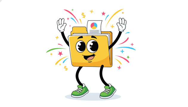 Cheerful cartoon file folder character celebrating with raised hands, green sneakers, and exploding colorful confetti.