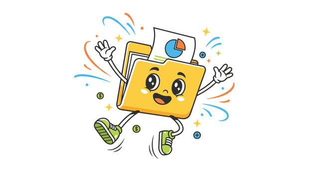 Joyful cartoon yellow folder character jumping with excitement while holding a document with a colorful pie chart.