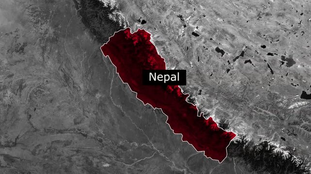 Nepal country map highlighted in red color on satellite grayscale animation motion video showing geographic borders for global news presentations