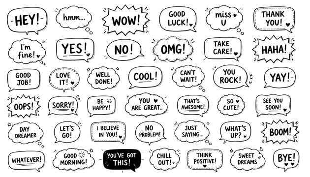 Hand-drawn speech bubbles collection with diverse exclamations and expressions in black and white