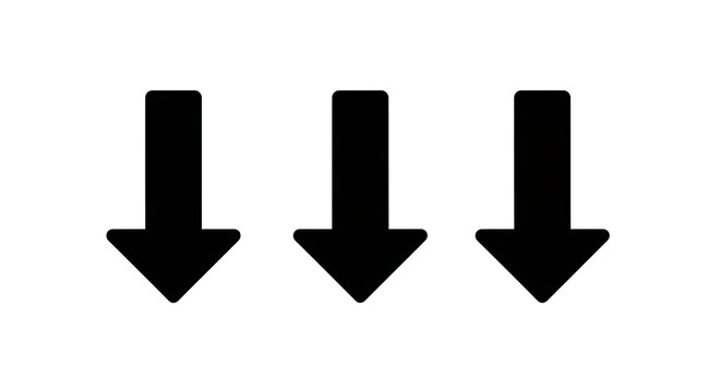 Three black downward pointing arrows isolated on a transparent background for UI design elements