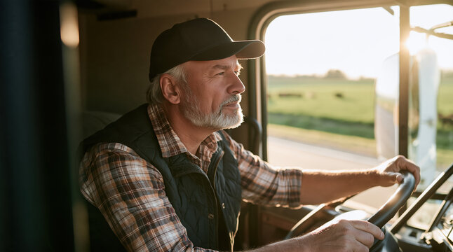 Mature man driving a semi-truck on a sunny day, looking forward with a smile