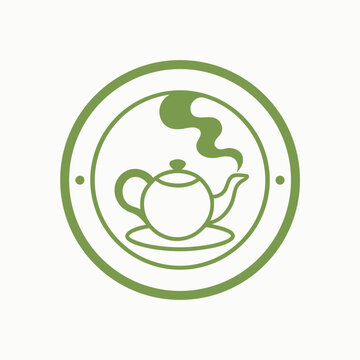 Minimalist green teapot logo icon with steam trail inside a circular frame for organic tea shop or cafe branding