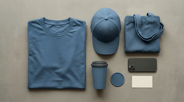 Minimalist blue corporate brand identity mockup flat lay on grey table