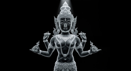 Fototapeta premium Hindu deity sculpture illuminated in dark background representing spirituality and mythology
