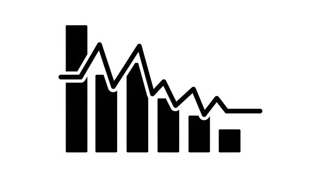 Black bar chart with a downward trend line isolated on a white background for financial reporting