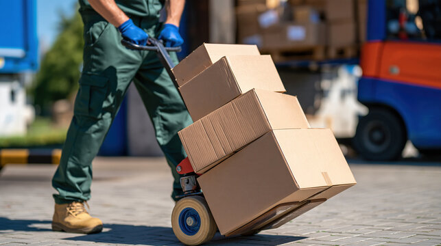 Delivery man pushing packages on hand truck