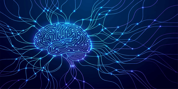 Artificial intelligence digital brain vector, glowing neural network background, futuristic cybernetic mind with circuit board patterns