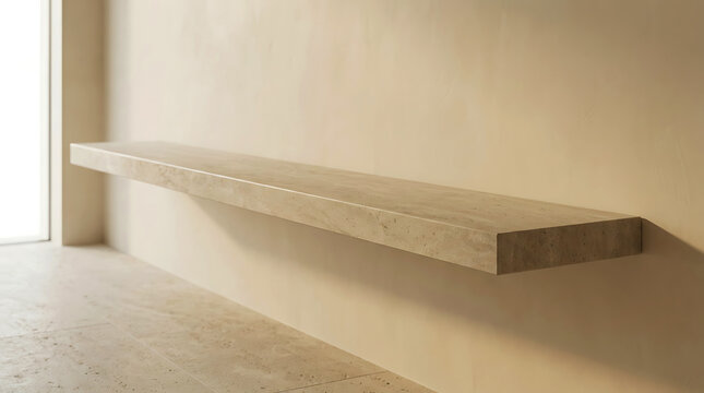 Minimalist beige stone floating shelf on a plain textured wall in room interior