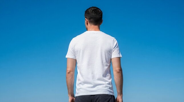 Young man standing with his back turned to the camera while wearing a simple white t-shirt against a vibrant clear blue sky outdoor summer setting