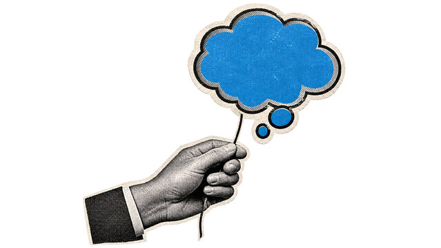Vintage collage hand holding a blue thought bubble balloon for communication and creative idea concepts