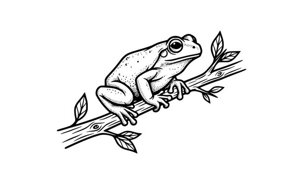 Tree frog on branch vector illustration in modern black and white line art style for eco branding and apparel graphic print