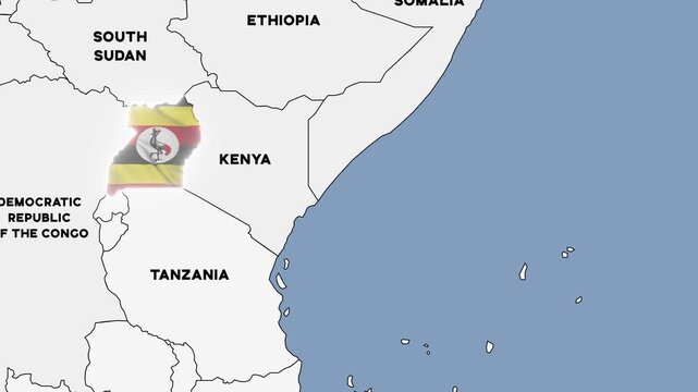 4K animation of a political map of Uganda highlighted with the colors of the Ugandan national flag