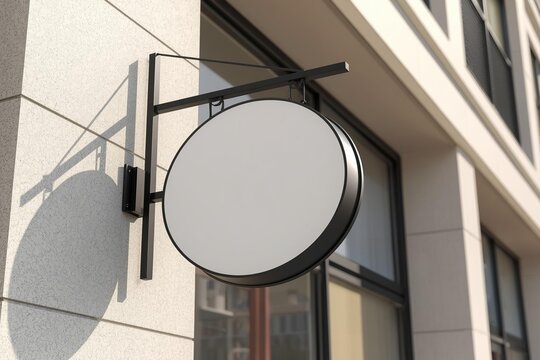 Ultra realistic round projecting shop sign mockup, mounted on modern building facade