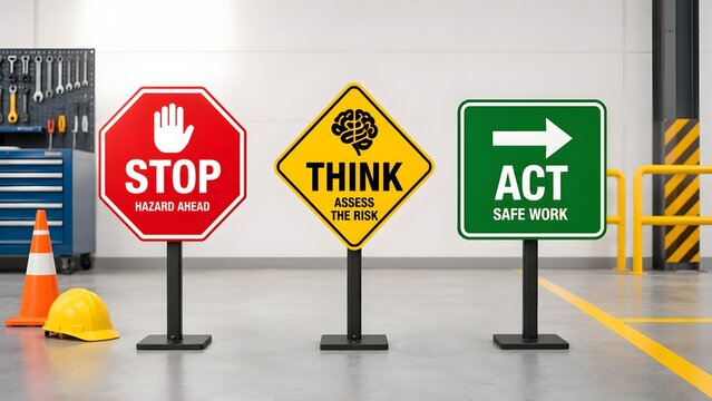 Industrial safety signs displaying stop hazard ahead think assess risk and act safe work in workshop