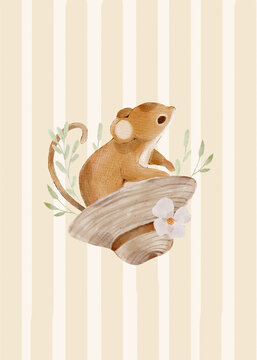 Woodland Mouse with Soft Botanical Details. Cute Cottagecore Animal Illustration in Warm Neutral Colors.