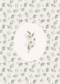 Gentle watercolor flower sprig stands inside a white oval frame over a matching floral pattern. This lovely botanical print brings a natural vibe to child spaces.