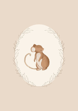 Cute watercolor mouse inside a delicate botanical circle. Whimsical woodland animal illustration in warm neutral tones.
