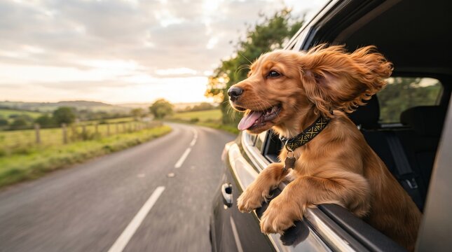 Happy cocker spaniel dog leaning out car window, golden retriever mix enjoying road trip, pet travel in countryside at sunset