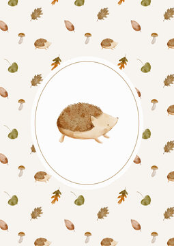 Cute watercolor hedgehog sits inside a classic oval frame surrounded by autumn leaves. This woodland nursery poster makes a charming addition to a child room.