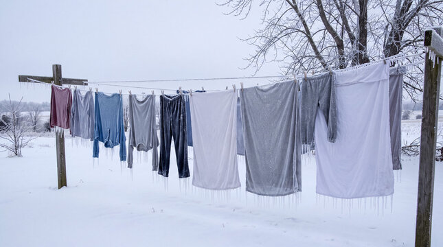 Clothesline with laundry freezing solid, icicles forming on clothes in a deep winter landscape