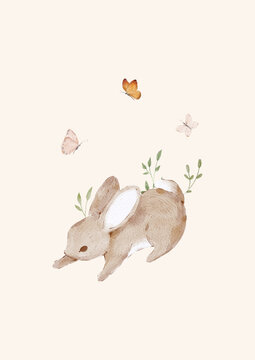 Sweet bunny with delicate butterflies makes a perfect addition to a child room. The gentle watercolor illustration features soft pastel shades and a peaceful atmosphere.