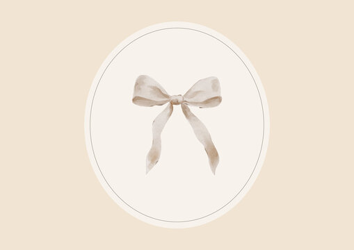 Elegant watercolor bow in soft beige tones sits within a classic oval frame. The delicate coquette aesthetic creates a lovely print for a little girl room.