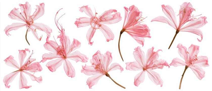 Pressed pink Nerine bowdenii blossoms, delicate botanical layout, pure white background