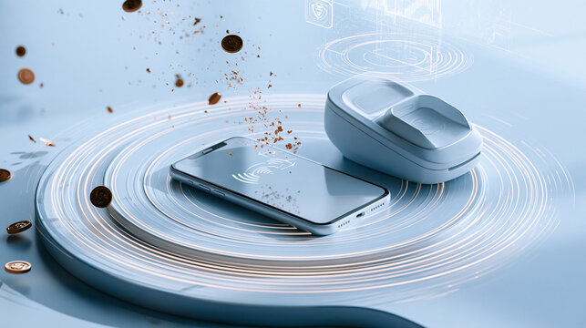 Digital Mobile Payment Concept With Smartphone Floating Coins On Podium