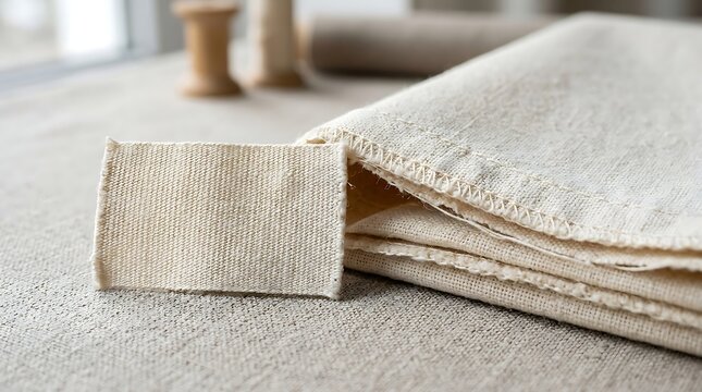 Natural unbleached calico fabric swatch and neatly folded textiles on a light surface.