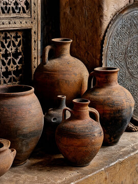 Traditional Earthen Pottery Collection in Rustic Interior, Handmade Ceramic Jars and Vessels Displaying Local Cultural Heritage 