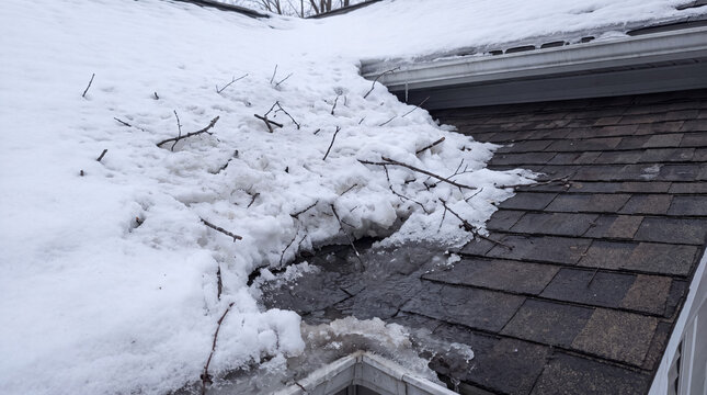 Ice dam forming on a residential roof, snow and twigs accumulating in a gutter, showing winter maintenance issues