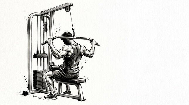 Sumi-e illustration of a lat pulldown