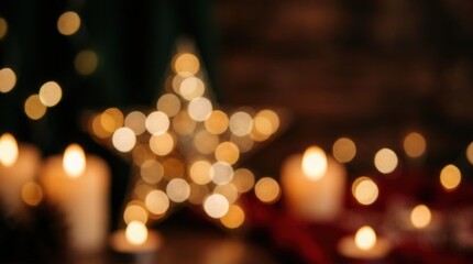 Fototapeta premium Christmas lights blur into soft golden bokeh circles surrounding glowing candles in the dark.