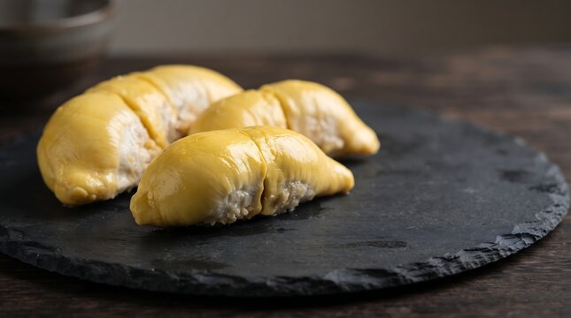 Three bright yellow durian fruit pods on dark slate plate, pungent tropical fruit, creamy texture, Asian delicacy.