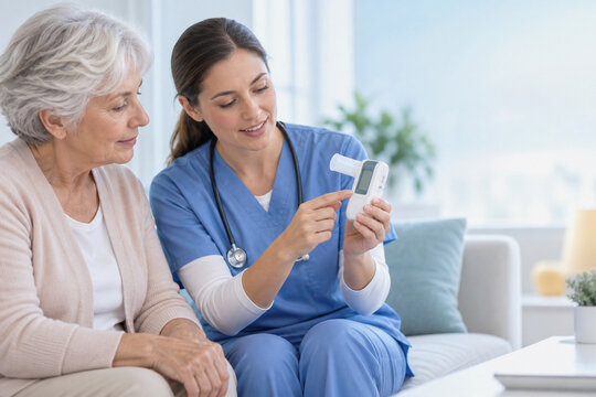 Female nurse demonstrating spirometer to elderly patient during home healthcare visit