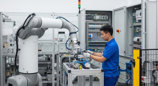 Skilled Technician Collaborating with Industrial Robot Arm in Modern Manufacturing Facility