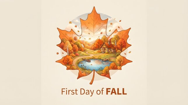 First day of fall illustration featuring a cozy cottage by a pond inside a large maple leaf shape on a light background