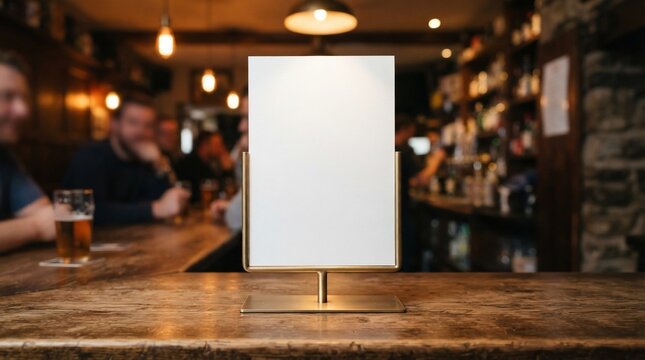 Blank white vertical sign mockup on a wooden bar counter in a cozy pub interior with warm lighting and blurred background.