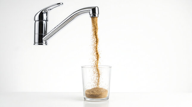 Chrome faucet pouring brown coarse sand into glass cup for creative visual metaphor representing depletion or unconventional resource management concepts.